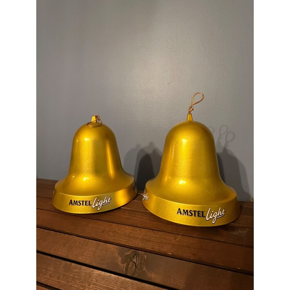 Vintage Amstel Light‎ Metallic Gold Giant Plastic Bell Ornament Set of 2 RARE